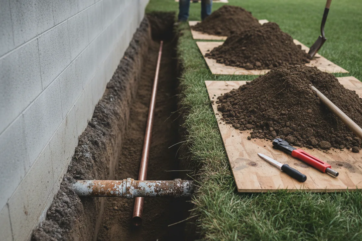 Excavated water line trench during Sewer Line Repair in Murrieta